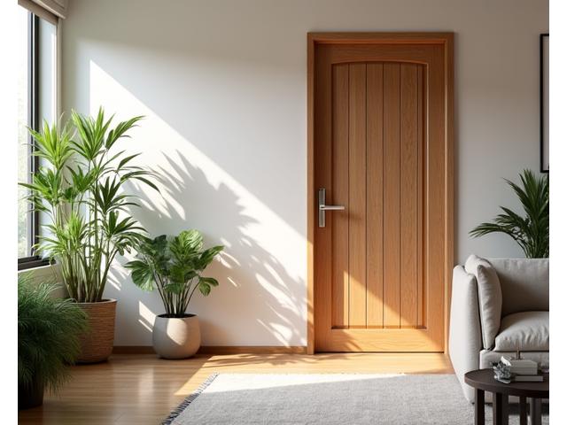 A modern, sunlit apartment interior featuring a beautiful wooden door, with subtle green foliage and natural light, symbolizing a healthy, sustainable home.